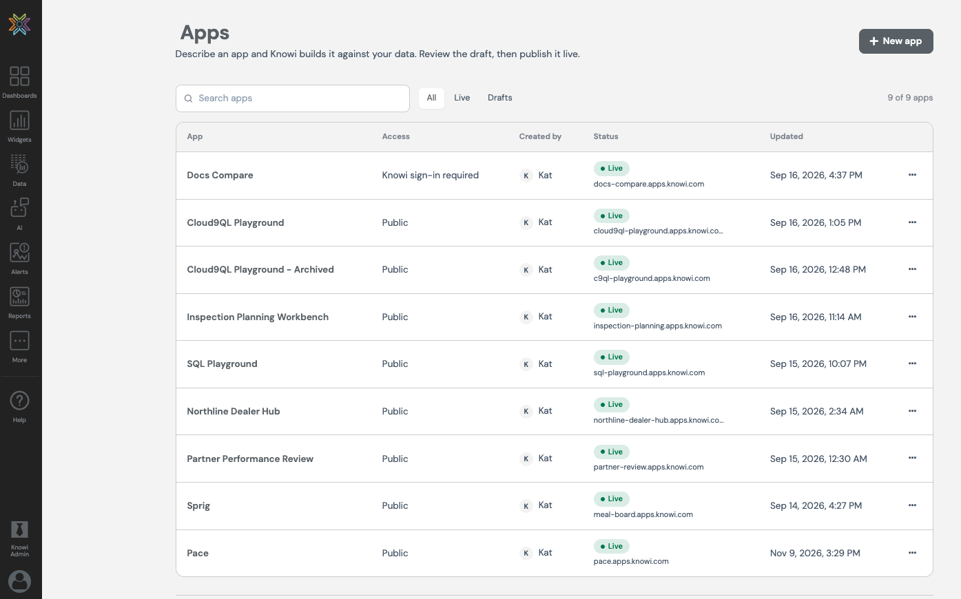Apps list with access modes and live status