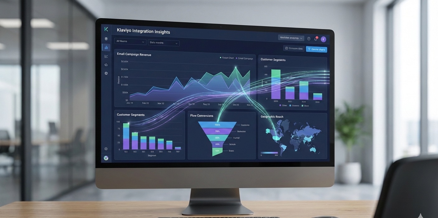 Klaviyo email marketing analytics dashboard with campaign metrics, subscriber growth, and revenue attribution