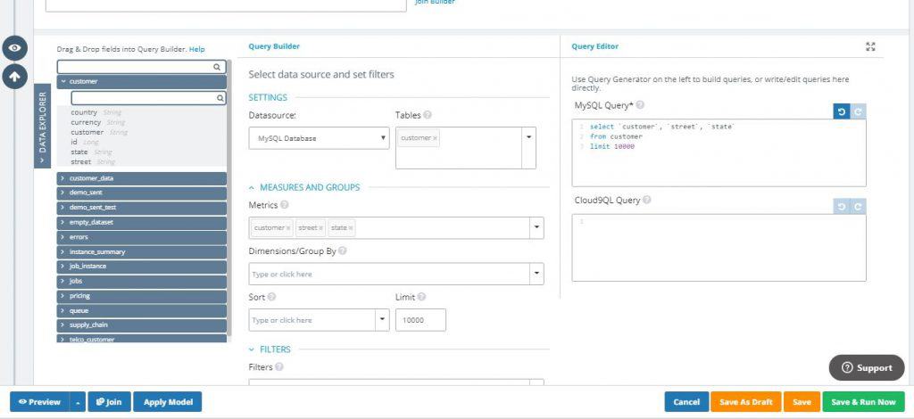 Use the Query Builder to Select Metrics from MySQL Datasource (Source - knowi.com)