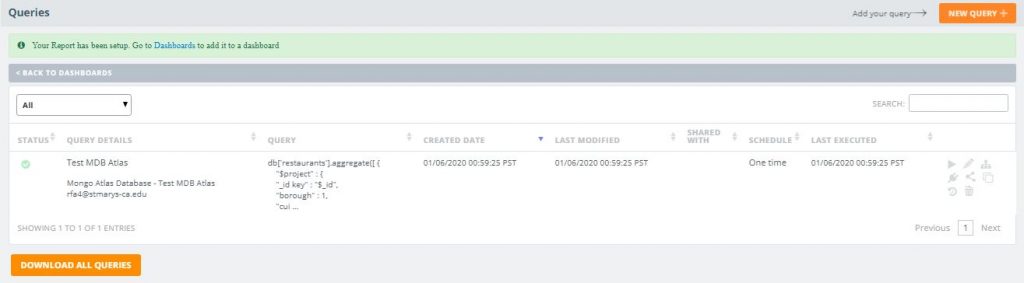 Your newly saved MongoDB Atlas Query (Source - knowi.com)