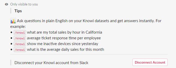 This message confirms Slack access to your Knowi account