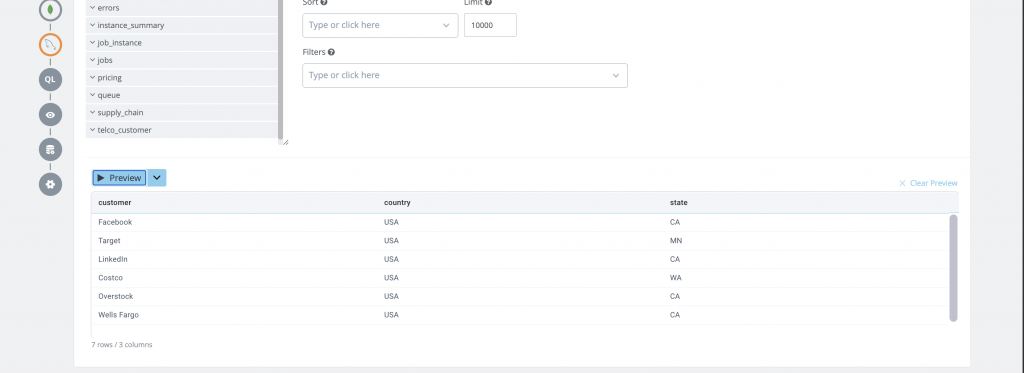 Preview of queried MongoDB data