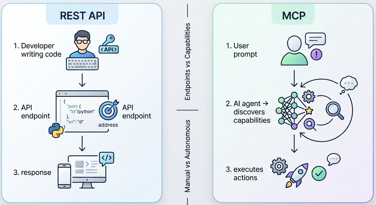 Comparison between traditional API calls and AI-driven MCP capability-based execution.