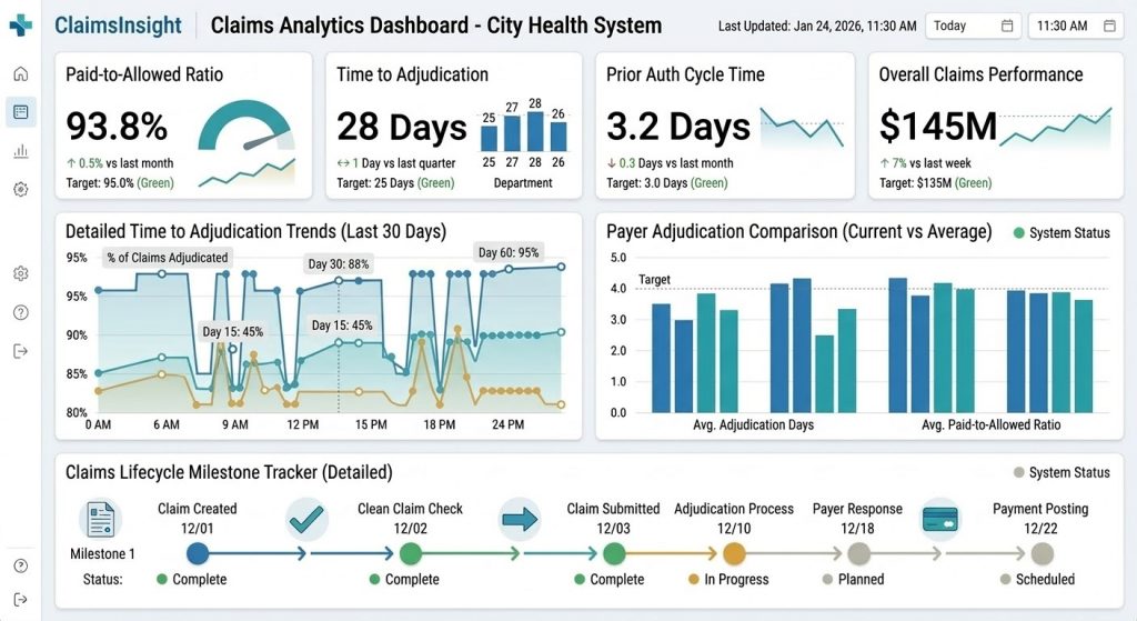 Healthcare claims analytics dashboard showing payer performance, adjudication time, and reimbursement metrics.