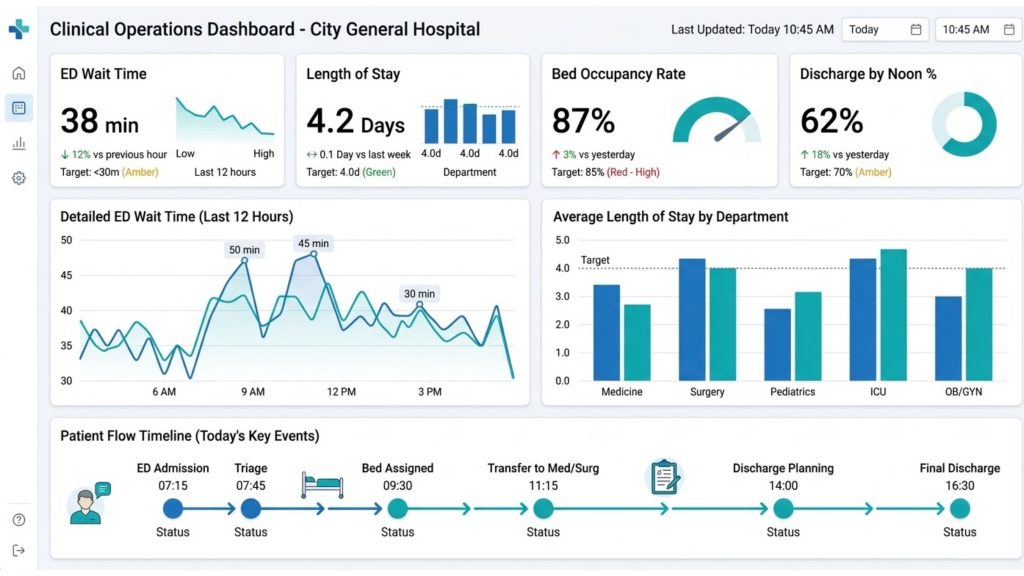 Hospital clinical operations dashboard showing ED wait time, length of stay, bed occupancy, and patient flow metrics.