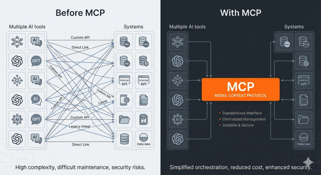 Diagram showing multiple AI tools connecting through a single MCP interface instead of custom integrations.