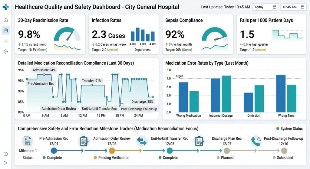 Healthcare quality dashboard showing readmission rates, infection metrics, and clinical performance indicators.