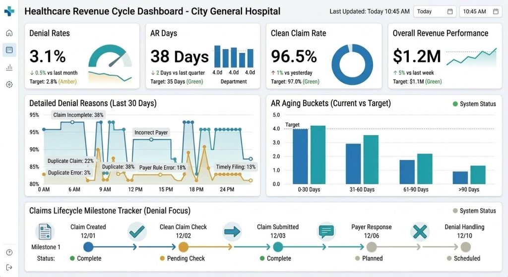 Healthcare revenue cycle dashboard showing denial rates, AR days, and payer performance metrics