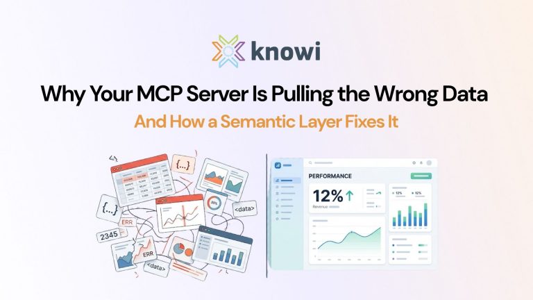 Feature image: Split illustration showing messy raw data (tables, JSON, dashboards) versus a clean unified dashboard insight, representing how a semantic data layer improves MCP results