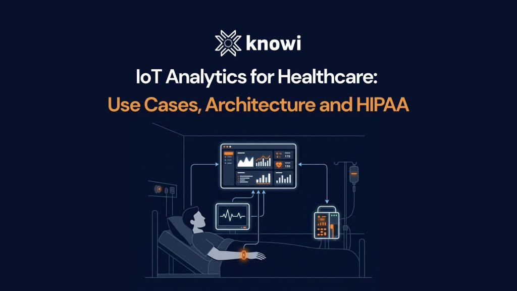 IoT analytics for healthcare showing connected patient devices streaming real-time data to a HIPAA-compliant analytics dashboard
