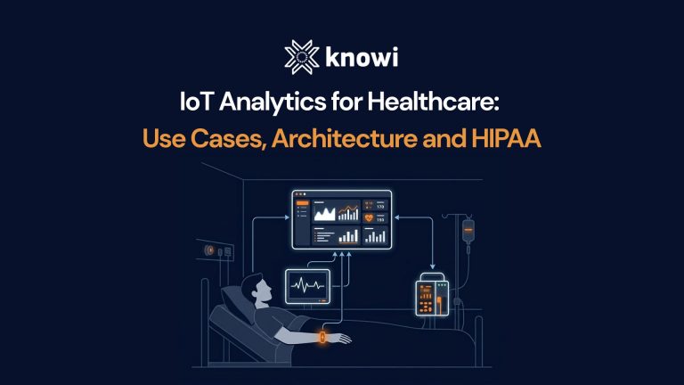 IoT analytics for healthcare showing connected patient devices streaming real-time data to a HIPAA-compliant analytics dashboard