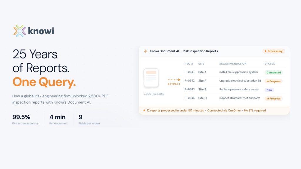 Knowi Document AI extracting structured recommendation data from risk engineering PDF reports with 99.5% accuracy