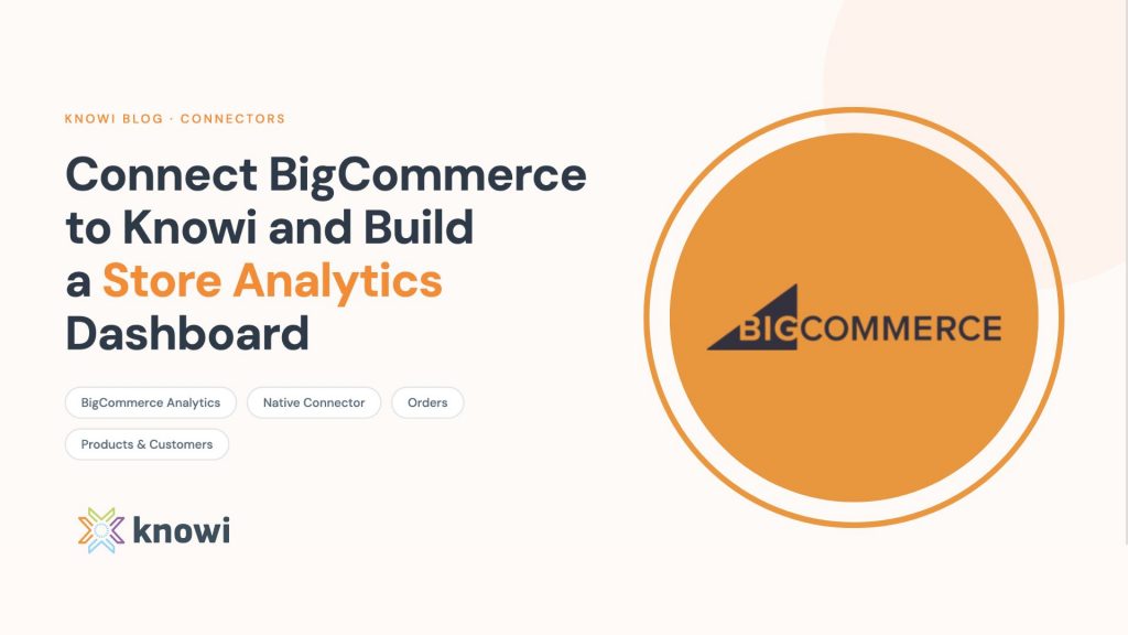Knowi BigCommerce analytics dashboard showing orders, products, customers, and coupons pulled via native connector with store hash and API token authentication.