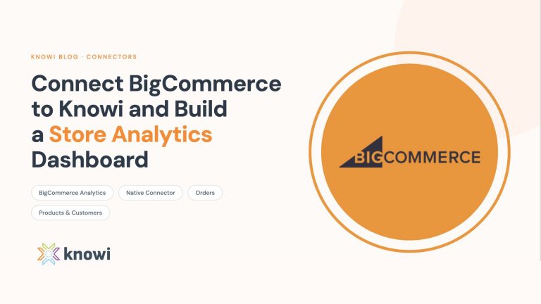 Knowi BigCommerce analytics dashboard showing orders, products, customers, and coupons pulled via native connector with store hash and API token authentication.