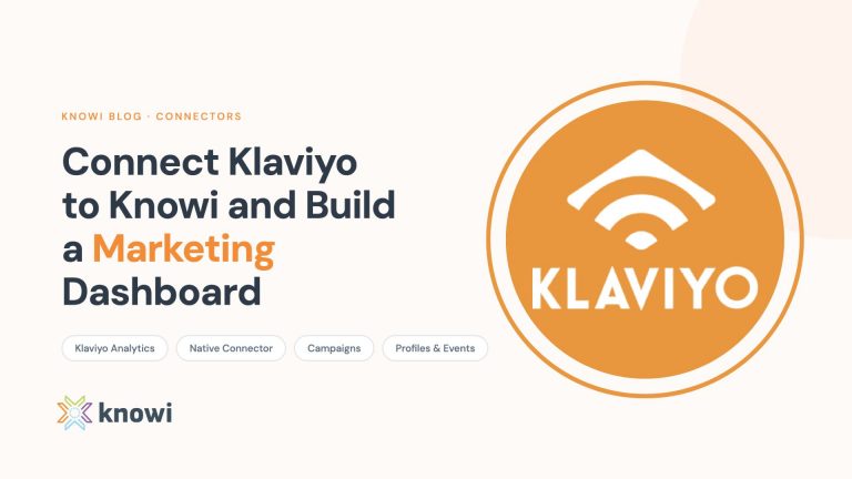 Knowi Klaviyo analytics dashboard showing campaign data, profiles, events, and flows pulled via private API key with Shopify cross-source join.
