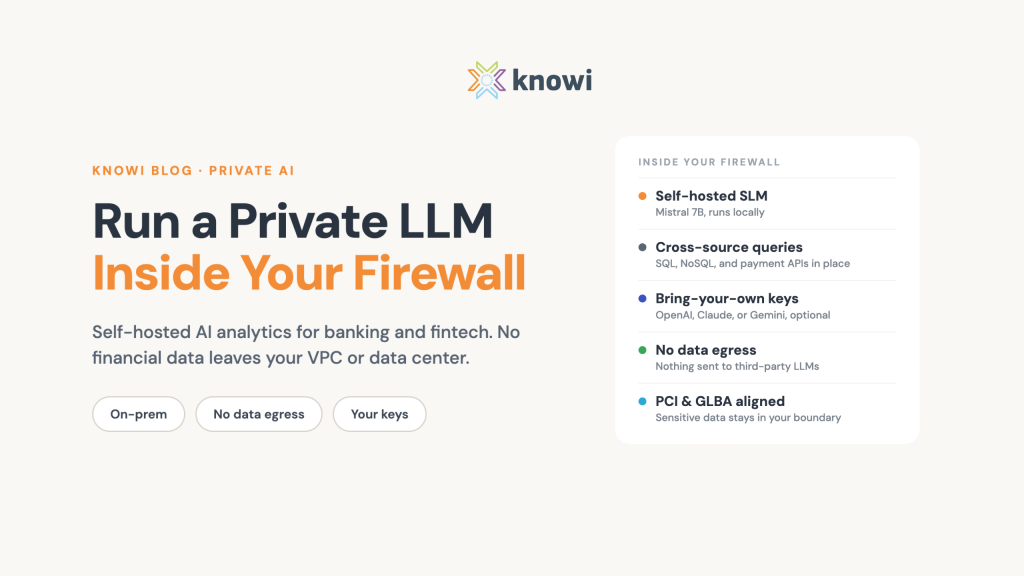 Run a private LLM for banking analytics: a self-hosted small language model inside your firewall querying SQL, NoSQL, and payment APIs with no data egress