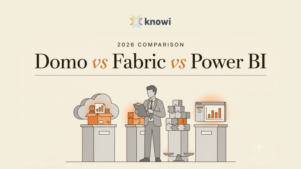 Domo vs Microsoft Fabric vs Power BI 2026 comparison: illustration of a buyer weighing three BI platform options