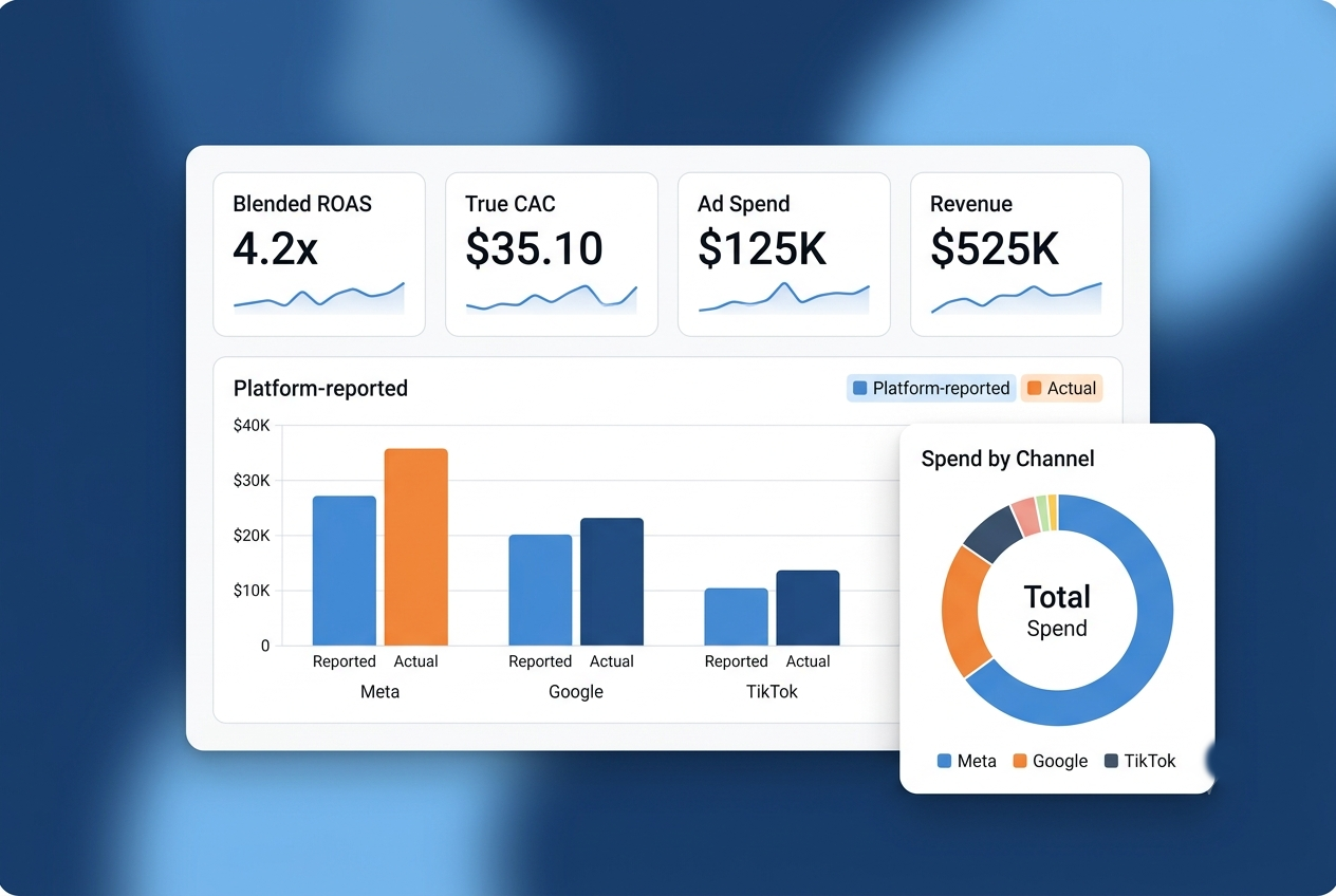 Blended ROAS and true CAC dashboard comparing platform-reported and actual revenue