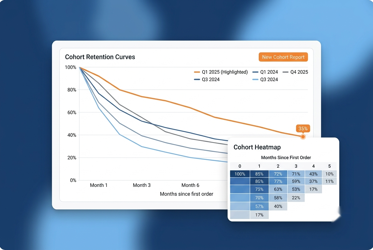Cohort retention curves with cohort heatmap, months since first order