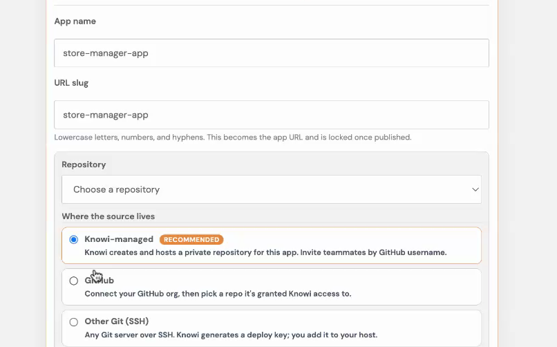 Creating a Knowi App: app name, URL slug, and where the source lives, with a Knowi-managed repository, your GitHub org, or any Git server over SSH.