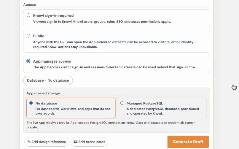 Access and storage options for a Knowi App: Knowi sign-in, public, or app-managed access, an optional managed PostgreSQL database, and the Generate Draft button.